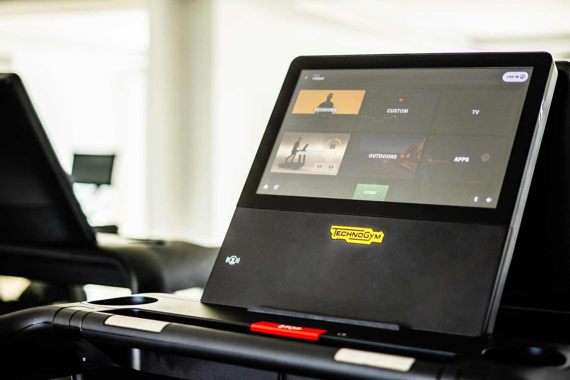 Screen on a treadmill at the fitness center of the San Marco Hotel in Mykonos.